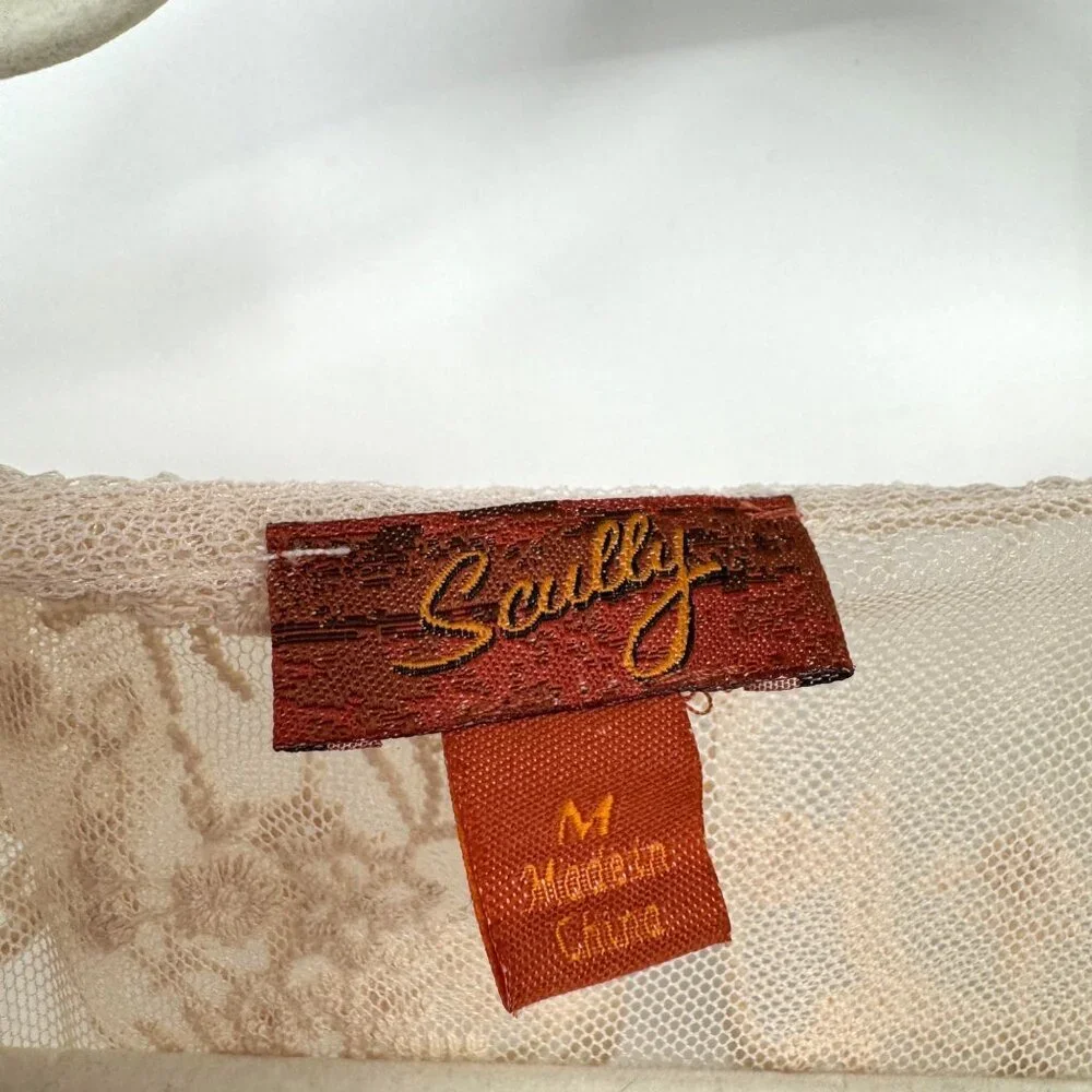 Scully Leather Honey Creek Ivory Embroidered Mesh Tie Front Blouse Woman’s size - Picture 3 of 12